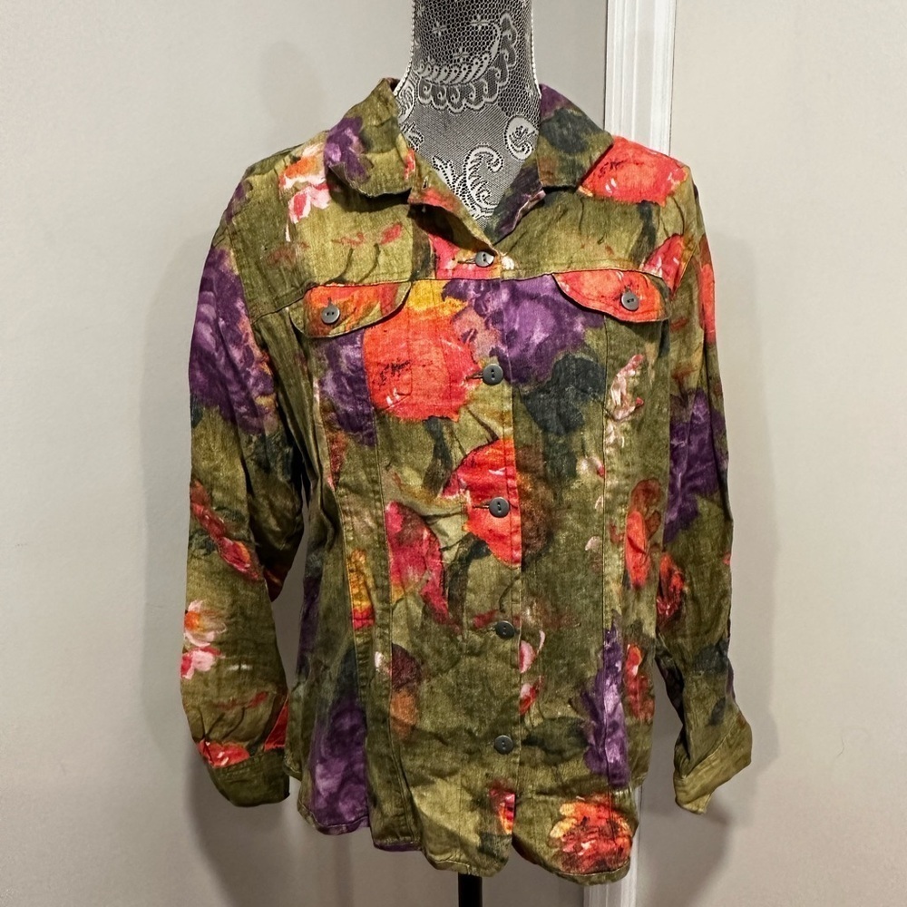 Chico's Linen Jacket Size 2 Multicolor Watercolor Floral Button Front. Pockets